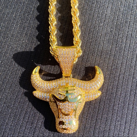 Gold Chain Rope Chain and Icy Bull Pendant Set - Picture 5 of 10